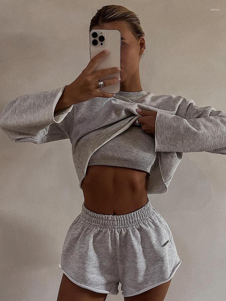 

Women' Tracksuits Kalevest Y2K Tracksuit Three Piece Set Casual Crop Tops And Track Short Pants Grey Korean Fashion Versatile Women, Black