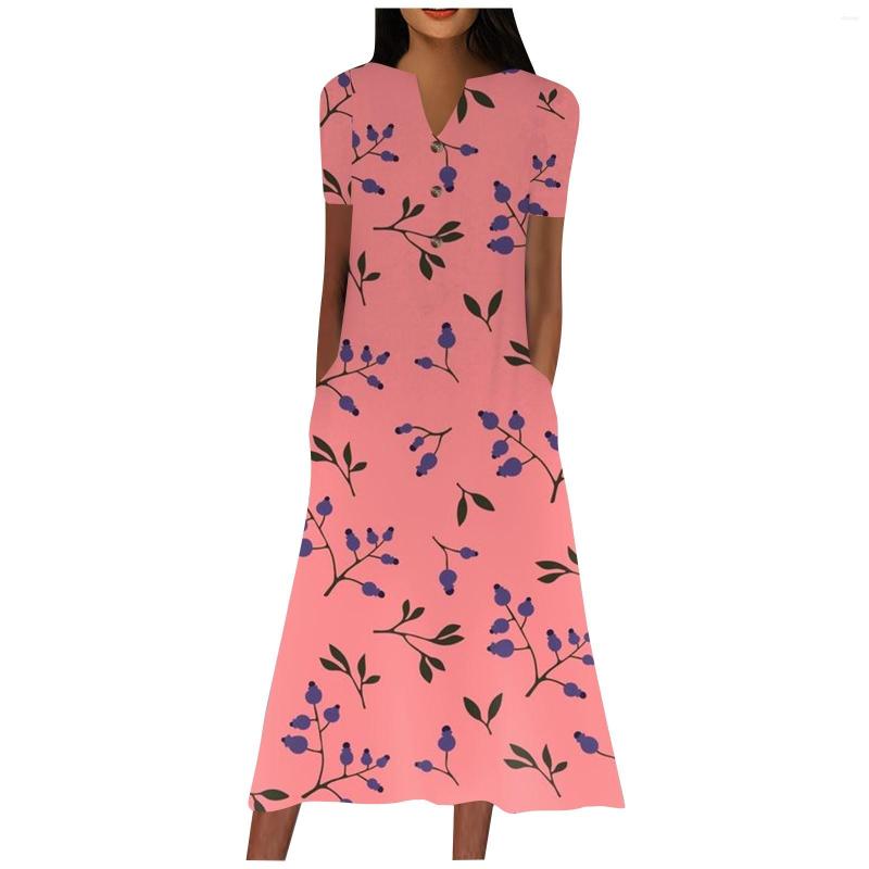 

Casual Dresses Women'S Dress V-Neck Button Short Sleeves Floral Print With Pockets Luxury Evening Loose Summer, Beige