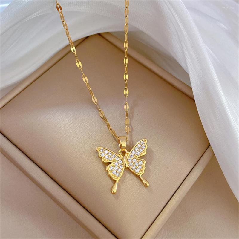 

Pendant Necklaces Bridesmaid Delicate Micro Pave CZ Butterfly Zircon Choker Korean Fashion Stainless Steel Jewelry For Women