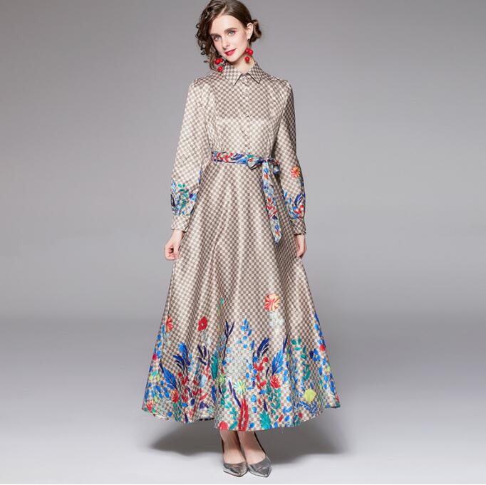 

NEW Designer Casual Dresses Women Button Long Dress Elegant Flower Printed Shirts Dress Spring Summer Casual Long Sleeve Loose Dress, 02