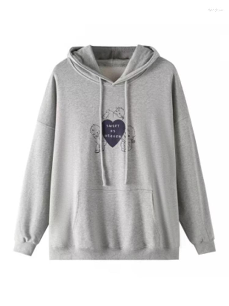 

Women's Hoodies UNUTH Casual Women Grey Cartoon Printed Loose 2023 Autumn Fashion Hooded Long Sleeves Female Chic Pullovers