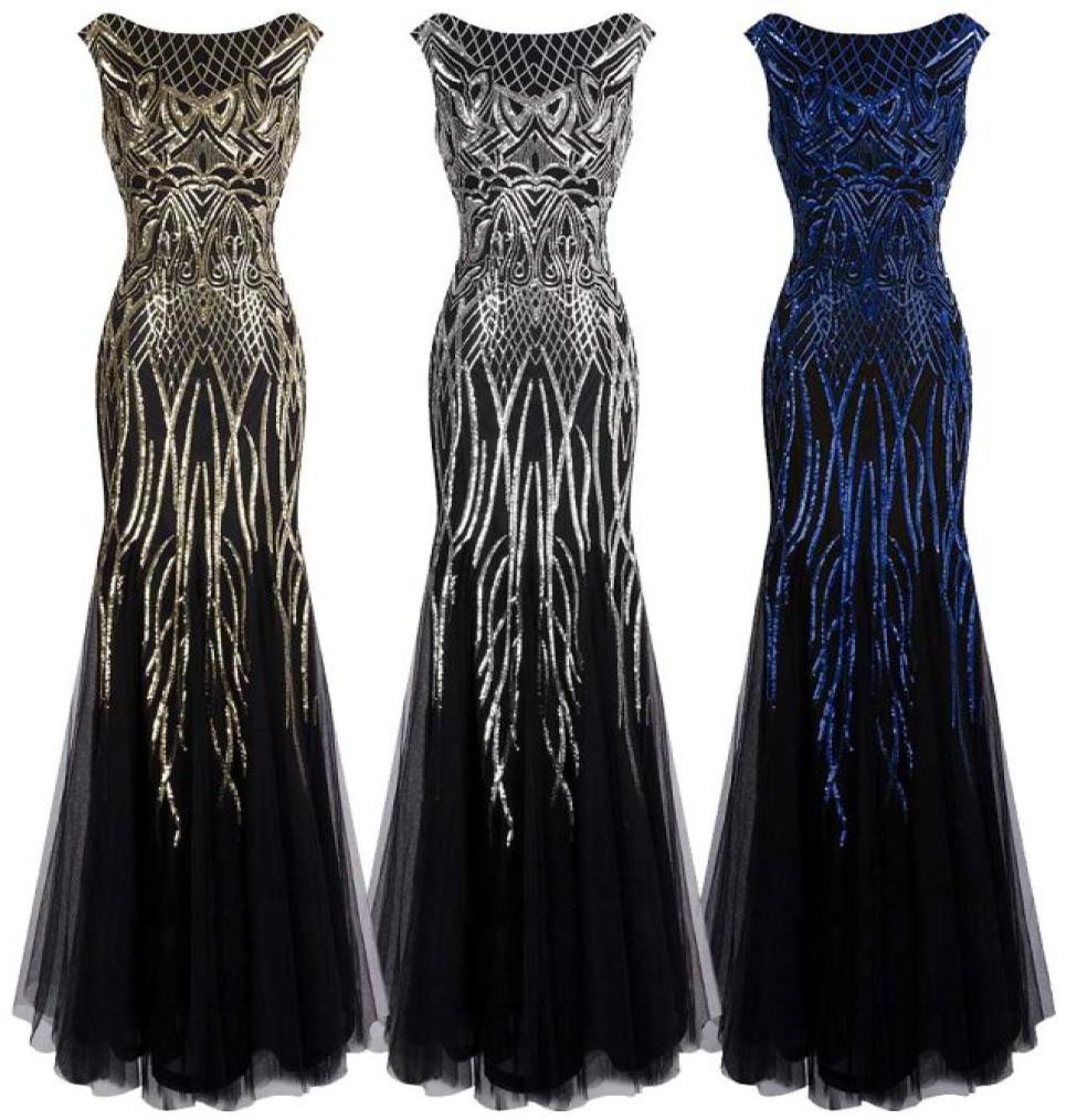 

Angelfashions Women039s Round Neck Pattern Sequin Splicing Tulle Party Gown Flapper Long Mermaid Evening Dress 3776451876, Blue