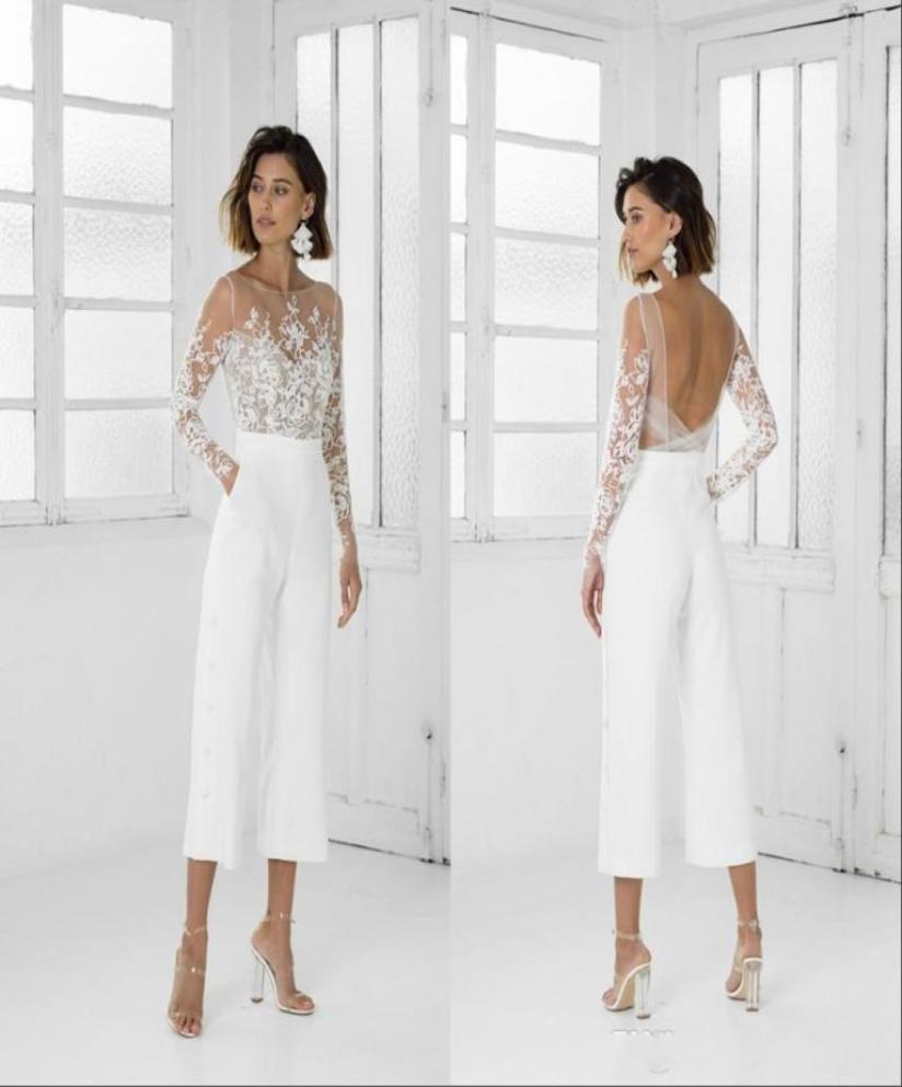 

Cheap Sexy Jumpsuit Wedding Dresses Long Sleeves Sheer Neck Backless Lace Appliqued Tea Length Beach Bohemian Wedding Dress Bridal8321212, Daffodil