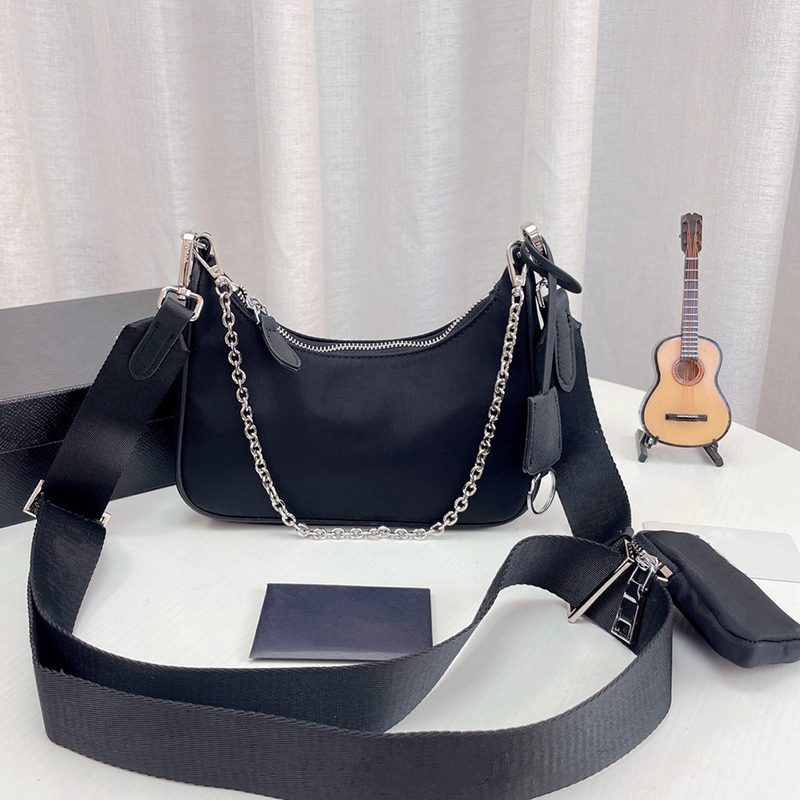 

Classic Designer Nylon Bag Women Luxurys Crossbody Shoulder Bags 2000 2005 3PCS Chest Black Canvas Zippe Belts Chains Wallets Underarm Cleo Re Edition Hobo Handbag, 8# black
