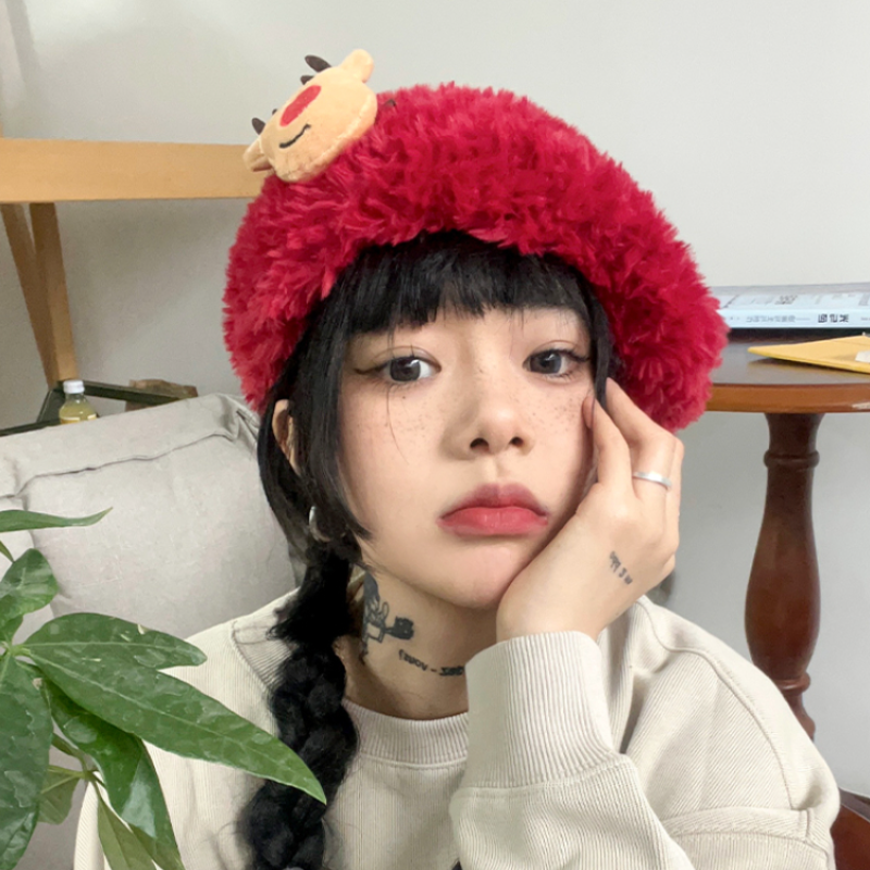 

Christmas Atmosphere Berets Autumn and Winter Plush Warm New Year Red Women's Hats Photo Good Thing Cute Beret Caps