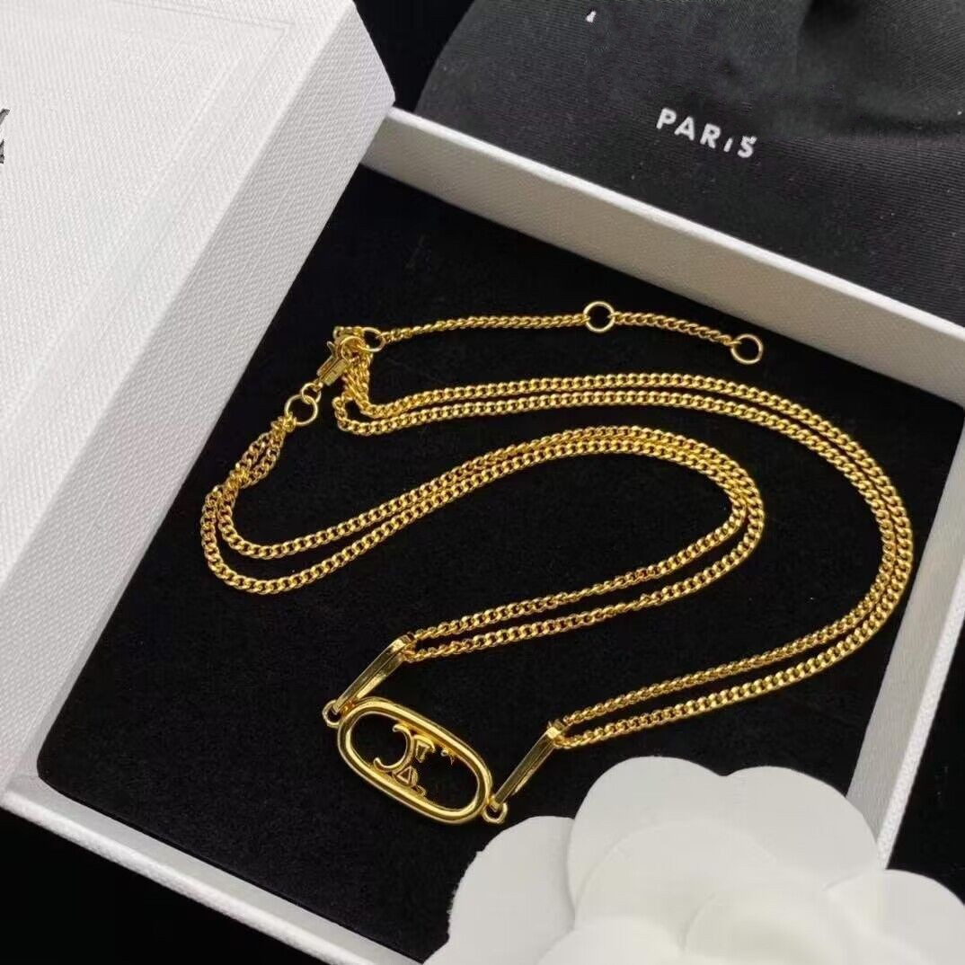 

Luxury designer Girls women letter CL pendant choker necklace elegant Love 18K Gold Bangles logo engrave double line chain Fashion Jewelry Lady Party