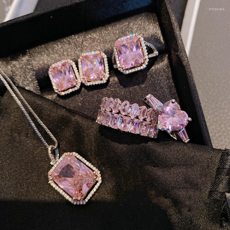 

Necklace Earrings Set Classic Silver Color Jewelry For Girls Women Shiny Pink Zircon Crystal Ring Earring Wedding Bridal, Picture shown