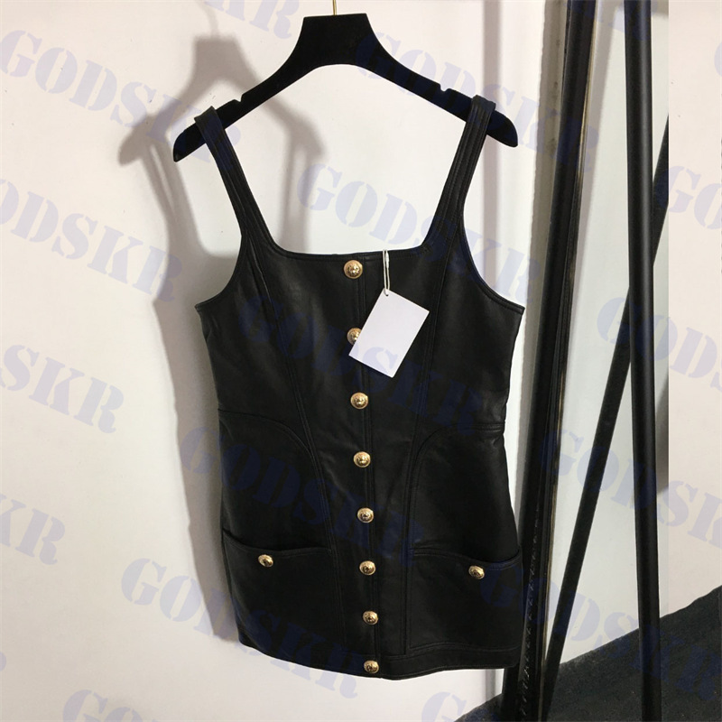 

Womens Dresses Designer Leather Skirt Gold Button Strap Dress Sexy Black Party Skirts High Quality Ladies Clothes, 20225527