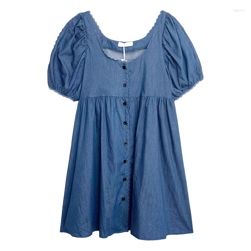 

Party Dresses Denim Washed Blue Lace Square Neck Loose Sleeve Dress