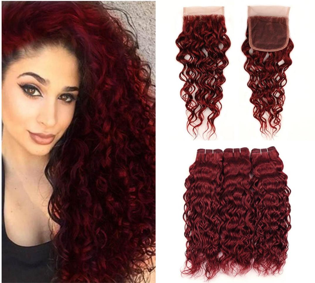 

99j Wine Red Human Hair Bundles With Lace Closure Burgundy Water Wave Hair Extensions With 4x4 Lace Top Closure 4PcsLot6915849