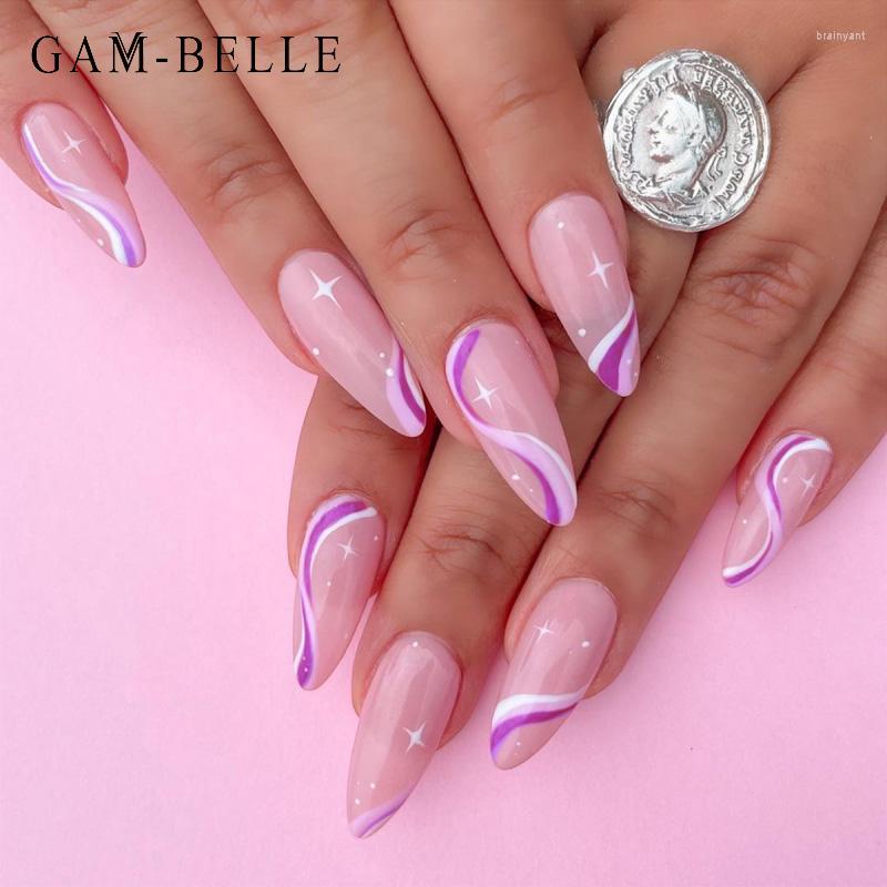 

False Nails GAM-BELLE Long Stiletto Nude With Design French Full Cover Professional Fake Nail Tips Press On Manicure Tool, Picture shown