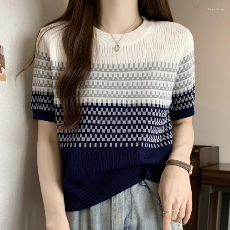 

Women's T Shirts Striped Shirt For Women Clothes Short Sleeve Thin Knitted Plaid T-Shirts Summer Tops Casual Tee Femme Camisetas De Mujer, Blue