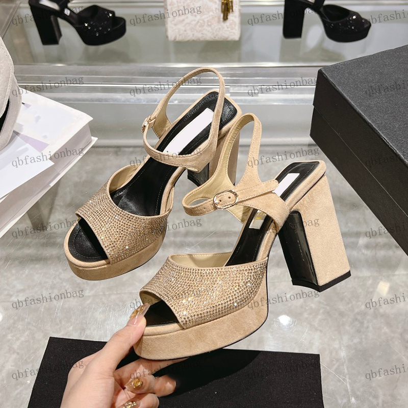 

Designer Womens Sandals Platform Slippers Sheepskin Super Flash Diamond Upper Thick Heels Women'S Dress Shoes High Heels 10cm Shoe Adjustable Ankle Buckle 34-41, Black