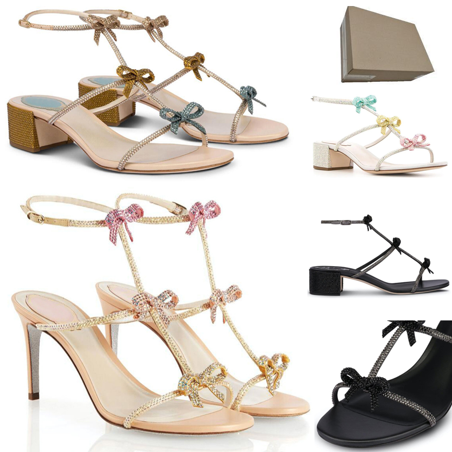 

Romantic & Elegant Rene Caterina Low-heeled Jewelled Sandals Shoes With Bow Crystals Women Walking Flats Party Wedding Sexy High Heels With Box EU35-42
