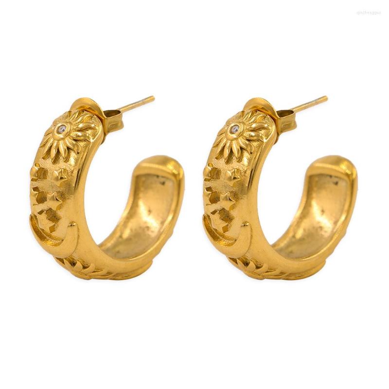 

Stud Earrings Stainless Steel Jewelry Embossed Moon Sun Star Pattern C-Shaped Chunky For Women Fashion Classic Gifts