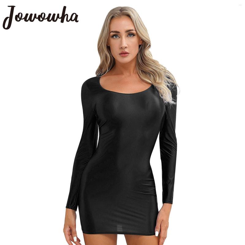 

Casual Dresses Womens Glossy Bodycon Dress Long Sleeve Tight Pencil Mini Smooth Stretchy Shiny Nightwear Rave Party Cocktail Clubwear, Black