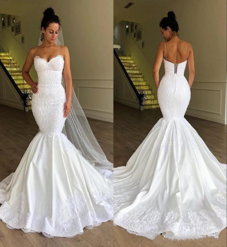 

Sexy Spaghetti Straps Wedding Dress Mermaid Corset Back Flower Pattern Lace Satin 2021 Stunning Bridal Gowns Customize Plus Size4484760, Ivory
