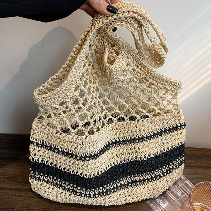 

Evening Bags Large Striped Straw Bag Bohemian Hollow Shoulder Woven Shopper Purses And Handbags Soft Travel Beach For Women 2023, Beige