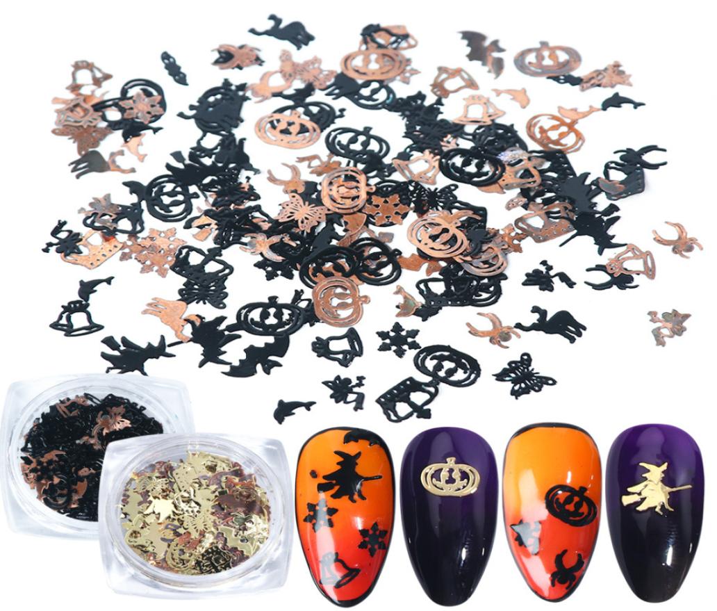 

120Pcs Halloween Nail Art Stickers Patch Gold Black Metal Pumpkin Witch Spider Bat Ornaments DIY Decor Manicure Sequins Glitter5977804