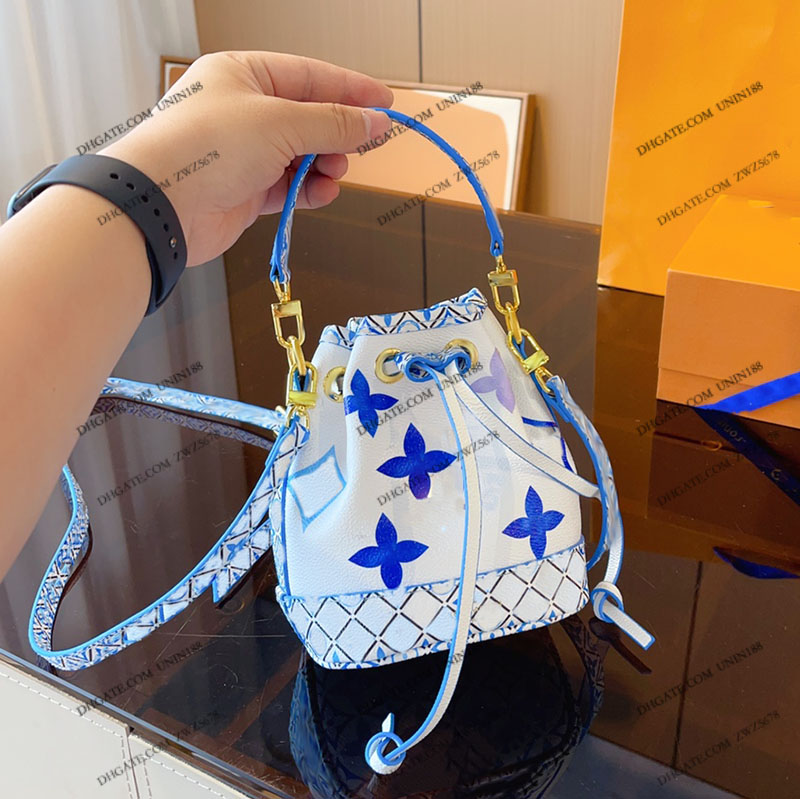 

23SS Women Luxury Designer Totes Bags onthego Drawstring Bucket Handbag Flowers Shouder Crossbody Ladies Handbags With Original Dust Bag 15CM, Blue