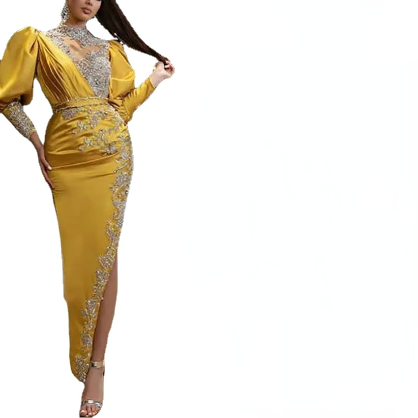 

Ankle-length Arabic Evening Formal Dresses Sparkly Crystal Beaded Lace High Neck Long Sleeve Sexy Slit Occasion, Yellow