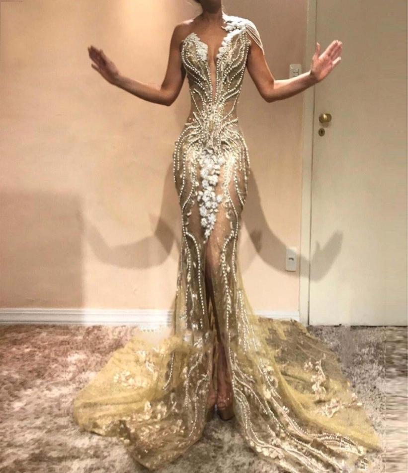 

Illusion Mermaid Evening Dresses With Sheer Jewel Neck Major Beading Pearls Front Split Prom Dress See Through Cocktail Dress Duba1075748, Hunter green