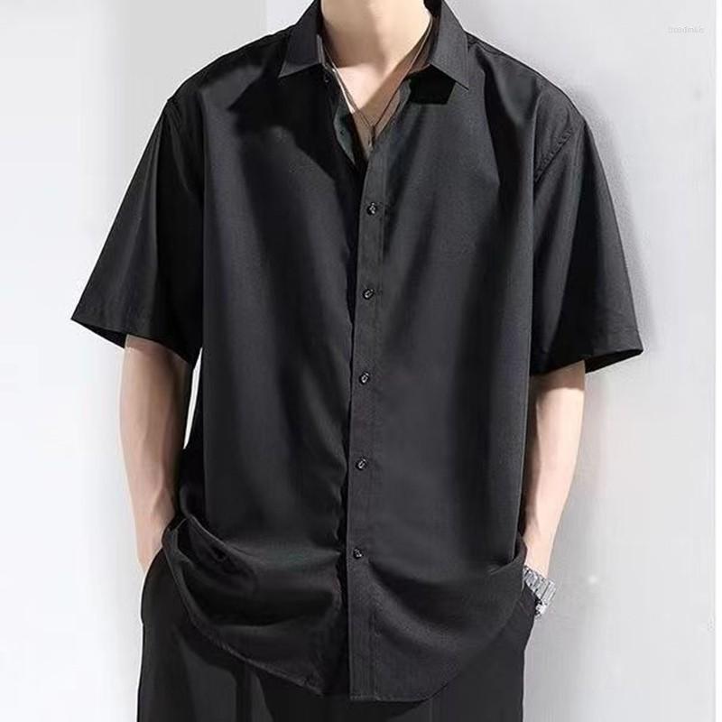 

Men' Casual Shirts Men' Short Sleeve Shirt Black Korean Style Men Fashions Summer Clothing Thin Premium Loose Regular Fit Ice Silk