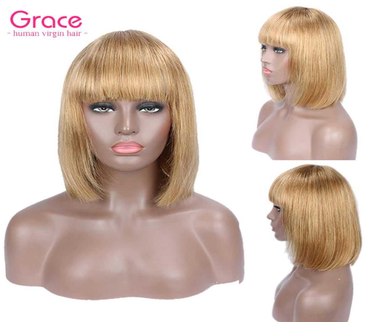 

27 Short Human Hair Wig Pixie Cut Peruvian Remy Straight Bob Wigs With Bangs For Black Women Honey Blonde Glueless Non Lace Front7853695, Burgundy