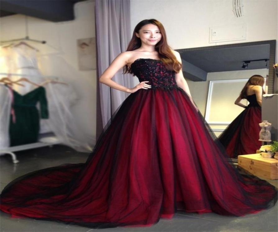 

2020 New Gothic wedding dress with Color Sweetheart Lace Up Back Floor Length Long Black Burgundy robe de soiree vestido longo de 1919285, Custom made from color chart