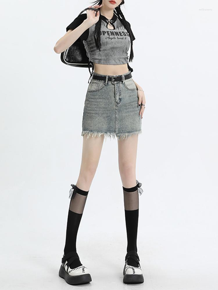 

Skirts Vintage Burr Mini Denim Skirt Women Faldas Para Mujer Moda 2023 Streetwear Harajuku Sexy High Waisted Jeans Female A-Line, Blue