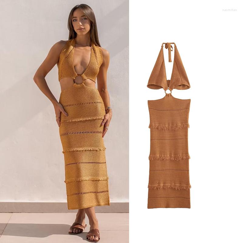 

Casual Dresses Summer Dress Women' 2023 Neck-Hanging Knitting Tube Top Holiday Elegant Youth Street Chic Hollow Tight-Fitting, Brown