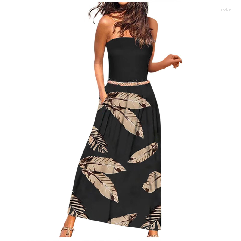 

Casual Dresses 2023 Spring Women' Sexy Bra One Line Neck Sleeveless Off Shoulder Loose Digital Printing Dress Maxi Vestidos, Black