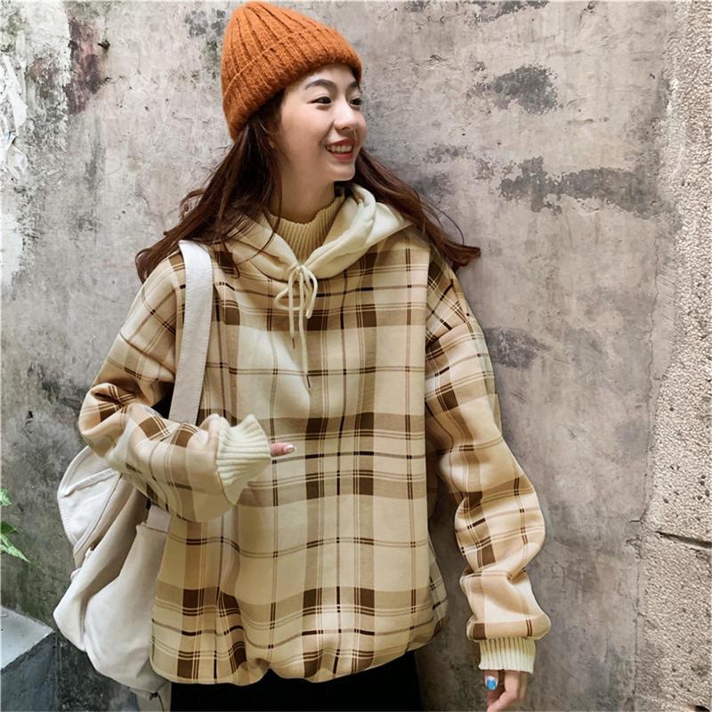 

Women's Hoodies Oversized Hooded Sweatshirts For Women Casual Plaid Fake Two Pieces Fleece Turtle Neck Pullover, Beige