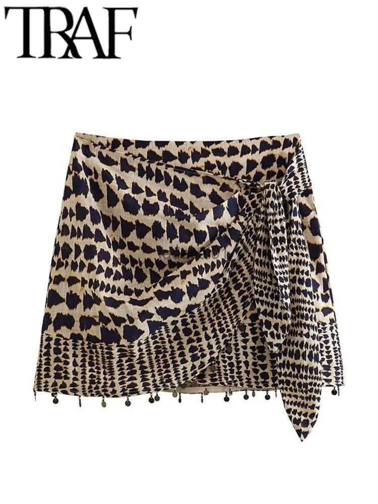 

TRAF Summer Vintage Printed Women Mini Skirt Tassels Hem ALine Zipper Back High Waisted Female Wrap Tied Side Skirt 2023 L230621, 01