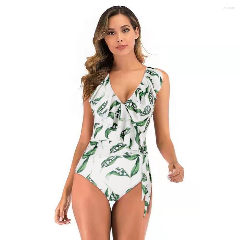 

Women's Swimwear 2023 Solid Color Sexy V-neck Flying Edge Lace-up Tight One-piece Swimsuit, Wine red