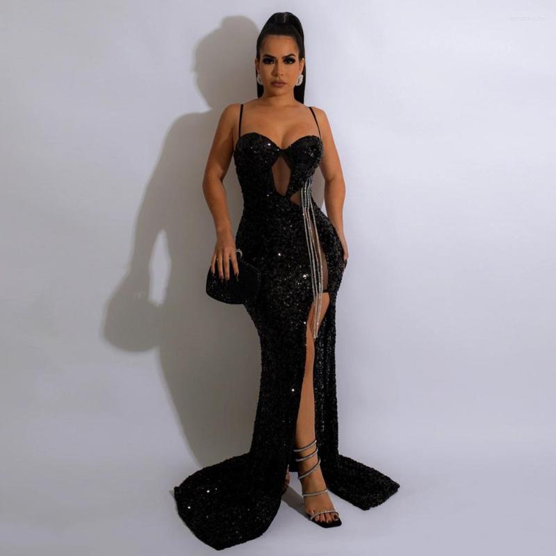 

Casual Dresses Women' Chic Crystal Chain Tassel Sequins Split Skirt Vestidos Floor Dress Party Gown Sexy Straps Slim 2023, Black