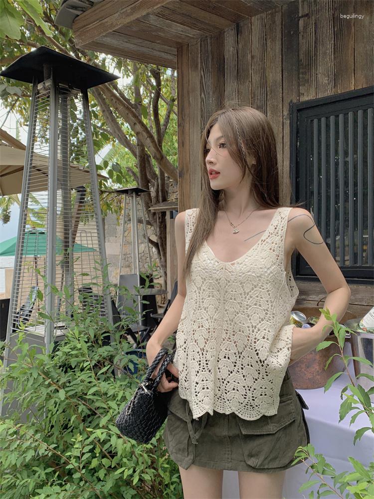 

Women's Tanks GkyocQ 2023 Summer Women Knitted Tops Sexy Style Solid Loose Sleeveless Hollow Out Girl Korean Fashion Female Clothing, Beige