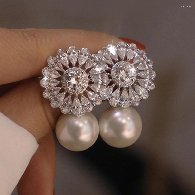 

Stud Earrings 1 Pair Drop Cubic Zirconia Shiny Charming Geometric High-end Decoration Accessory Baroque Flower Imitation Pearl Earrin