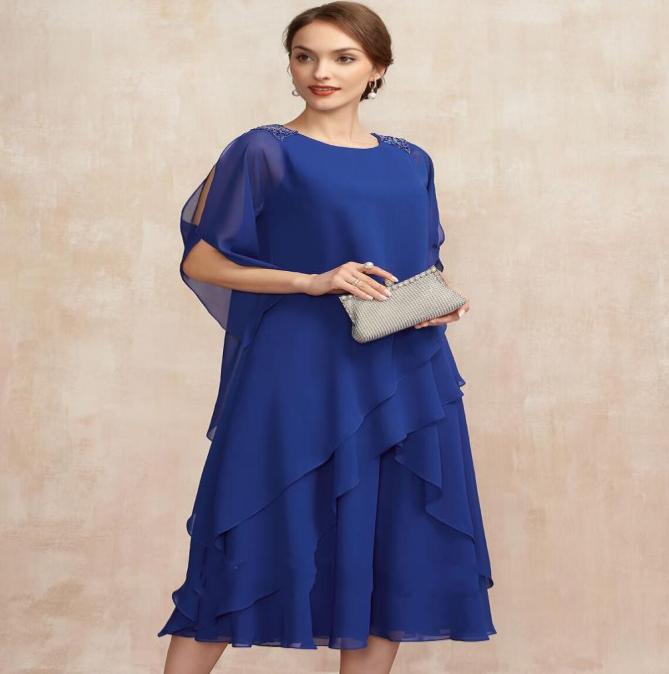 

Elegant Royal Blue Scoop TeaLength Chiffon Mother of the Bride Dress With Beading Ruffles Bridal Party Gown Robe De Soiree Vestid5462508