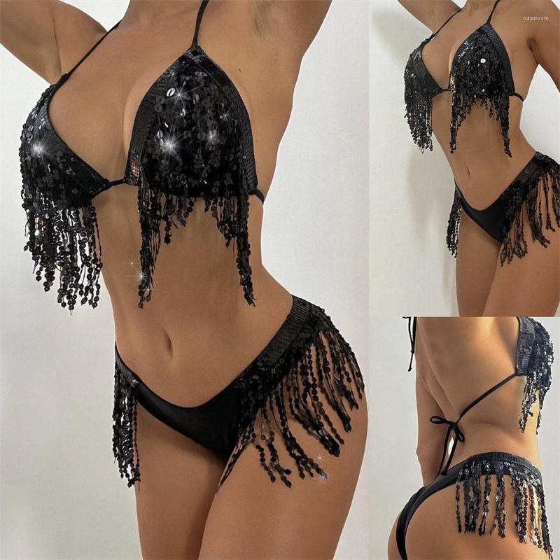 

Women' Swimwear Sexy Shiny Black Bling Sequin Bikinis Push Up Swimsuit Women 2023 Beachwear Fringe Bikini Sets Bathing Suit Biquini, Dy22a89