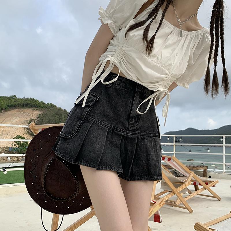 

Skirts Female Slim Sexy Anti-walking Light A-word Short Denim High Waist Women' Summer 2023 Pleated Skirt With Pockets Blue, Black