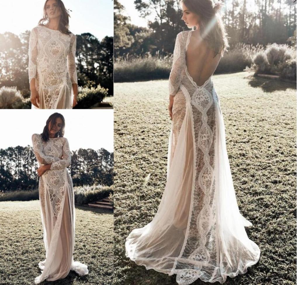 

Long Sleeves Boho Wedding Dresses with Open Back 2020 Vintage Crochet Lace Bohemian Country Bride Holiday Beach Wedding Gown3234508, Ivory