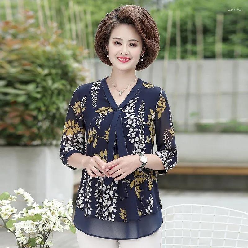 

Women's T Shirts Clothing Casual Fashion 3/4 Sleeve Printing Chiffon T-shirt 2023 Summer Thin Female Vintage Loose V-Neck Spliced Tops, Red