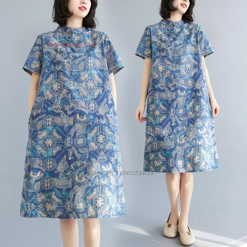 

Ethnic Clothing 2023 Chinese Vintage Dress Qipao National Flower Print Cotton Linen Improved Cheongsam Oriental Folk Style