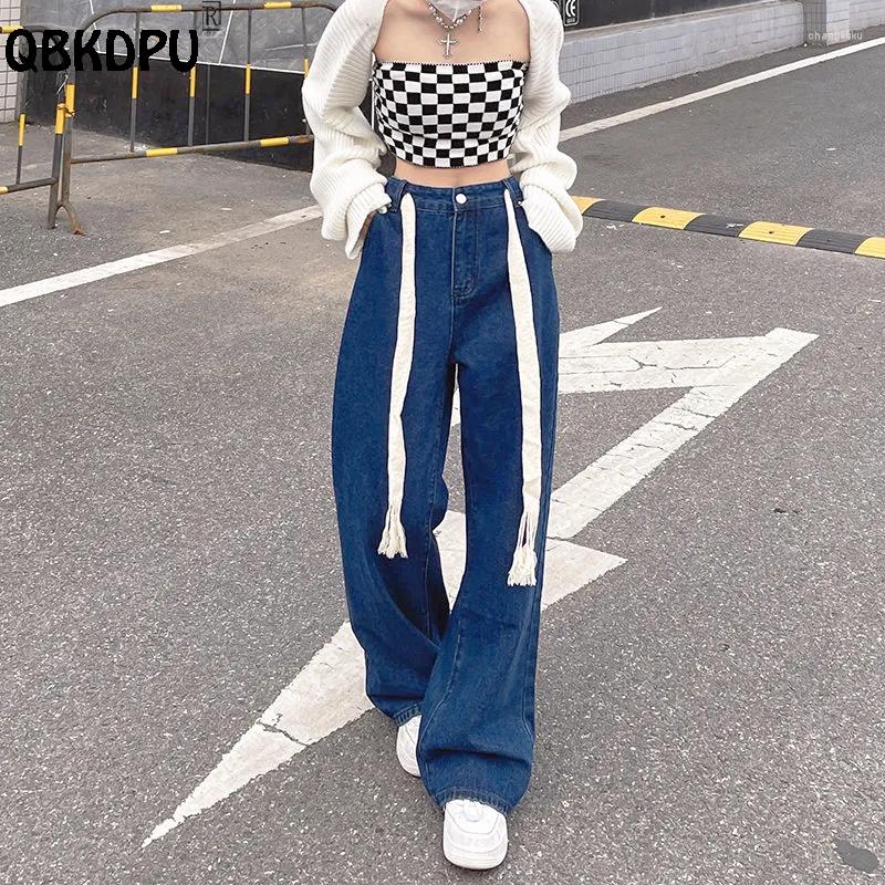 

Women's Jeans Streetwear Lace Up Design Wide Leg Women High Waist Jean Baggy Pants Casual Denim Trousers Blue Black Straight Vaqueros