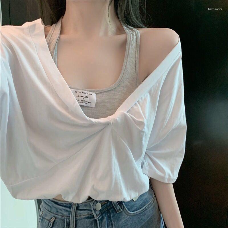 

Women' T Shirts Summer Tops Fake Two Piece Off Shoulder Short Sleeve T-shirt Loose Causal Crop Top Korean Fashion Clothes Female, White