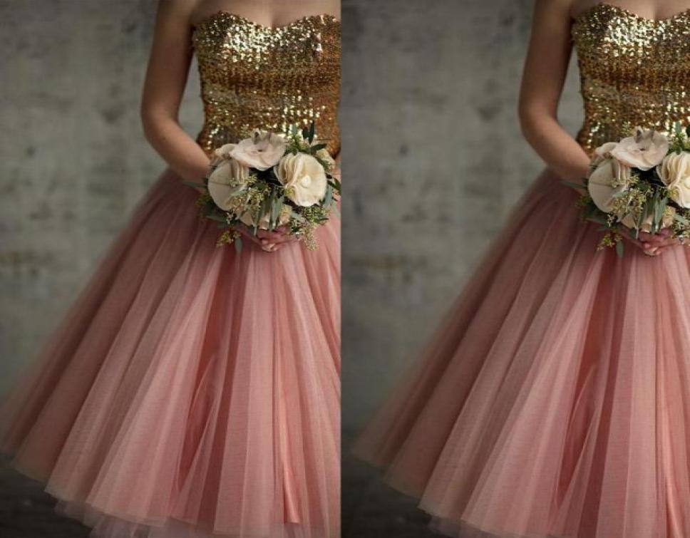 

Vintage Gold Sequins Bridesmaid Dresses A Line Tea Length Blush Pink Tulle Cocktail Length Short Bridesmaid Gowns3305162