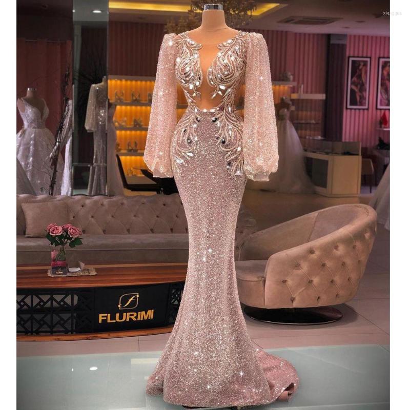 

Party Dresses Sparkly Arabic Sexy Pink Sequined Prom Beaded Crystal Long Sleeve Mermaid Evening Dress Custom Made Gowns, Same as pic