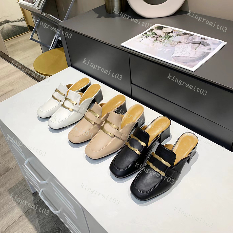 

Designer Slippers Loafers Mules Slides Genuine Leather Sandals Women Buckle Metal Chain Flats Heels Fashion Summer Slides with box