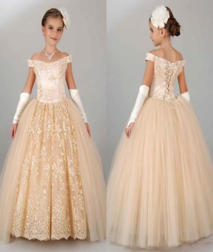 

2020 Champagne Flower Girl Dress Lace Appliques LaceUp Ball Gown Kids Beauty Pageant Dresses Vestido Longo 2331065, White
